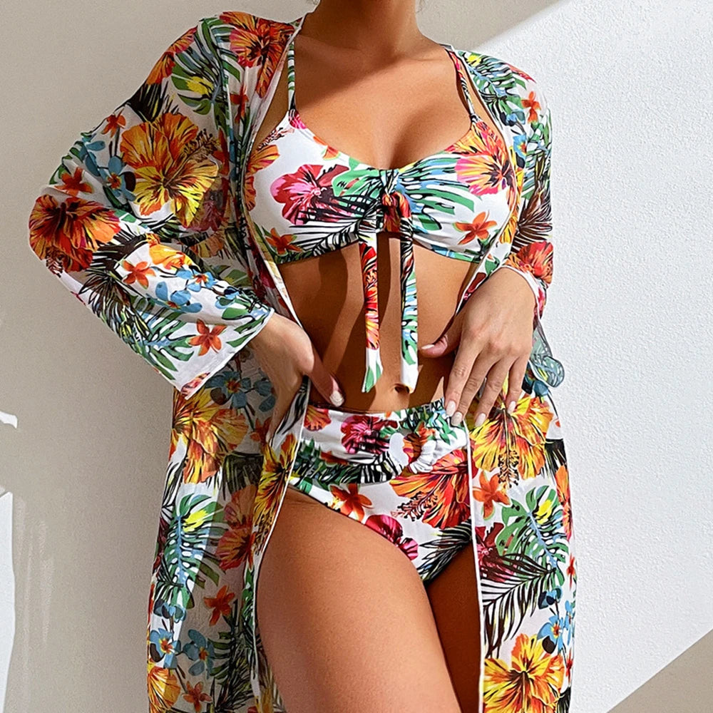 High Waisted Bikini 3 Pieces Floral Printed Swimsuit for Women