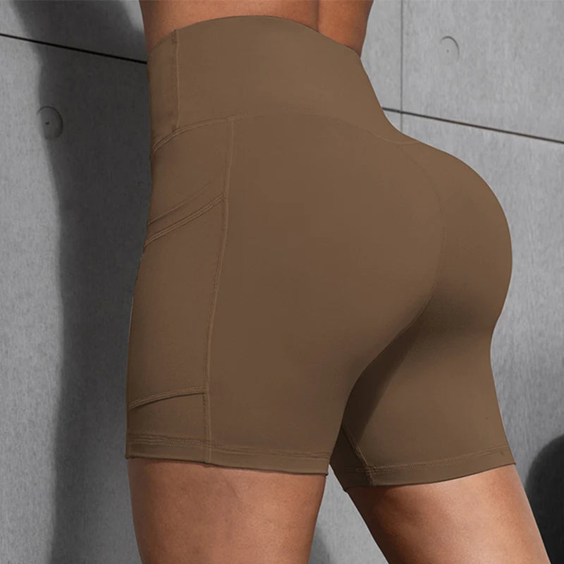 Women Shorts with Pockets Sexy Butt Lifting Fitness Cycling Tights Slim Solid Color High Waist Sports Shorts Casual Fashion Wear