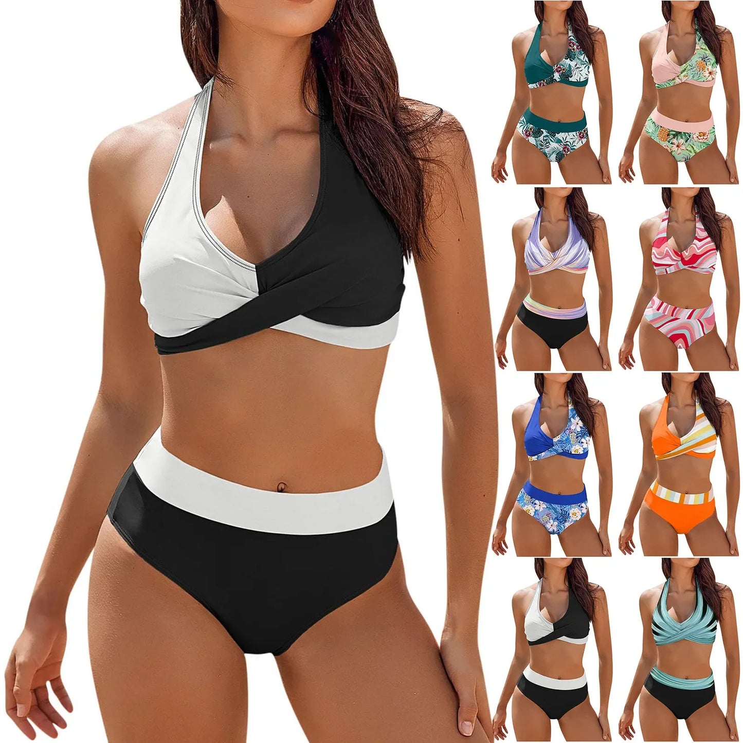 Bikini Beach Colour Block Floral Printed Women's High Waist Two-Piece Swimsuit