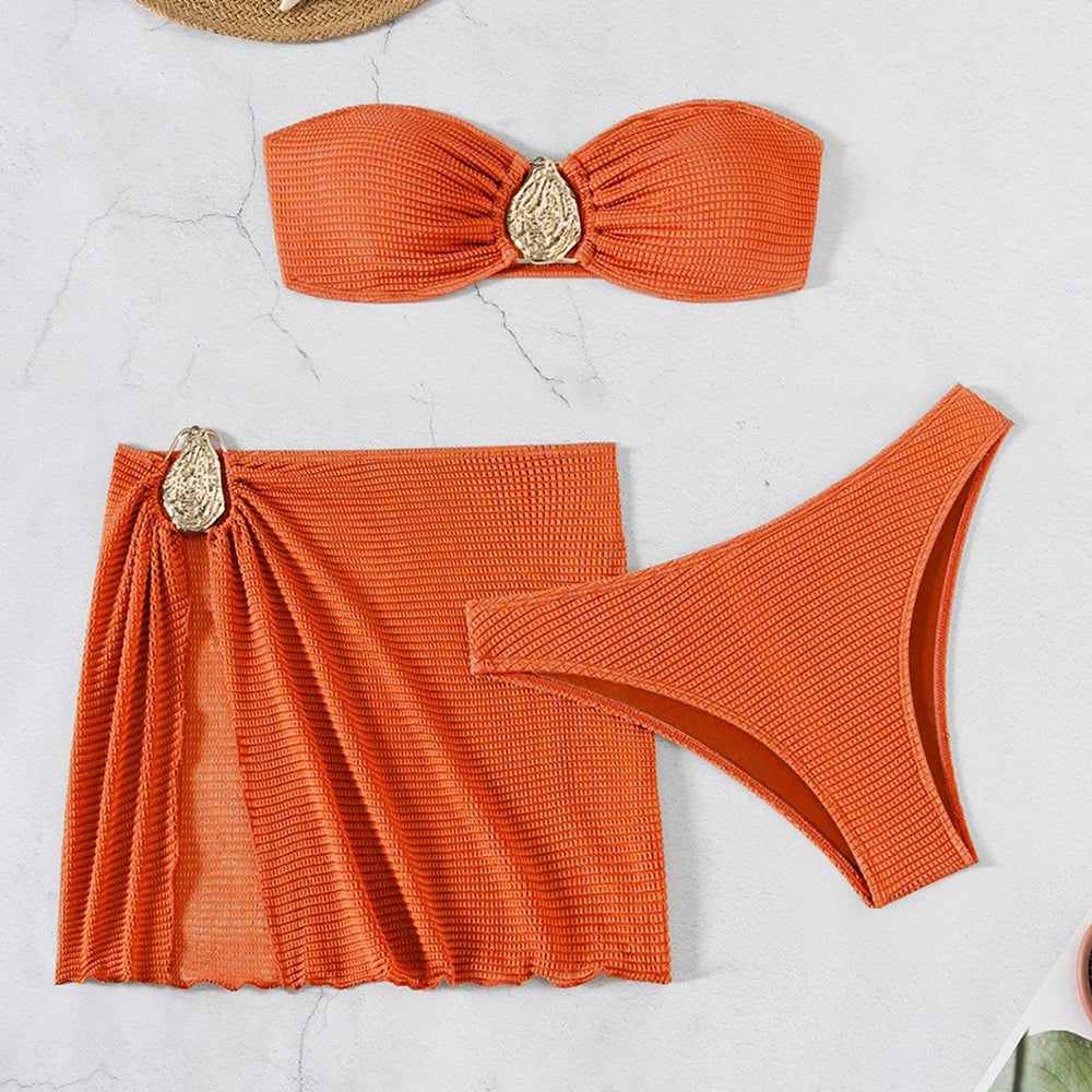 Brown Color Strapless 3-Piece Bikini Set with Metal Buckle & Cover-Up for Women