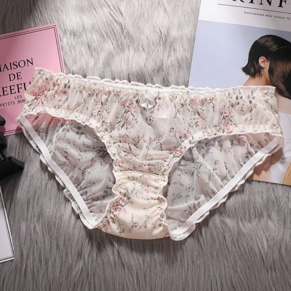 Strawberry Mesh Ruffle Panties – Low-Rise Cotton & Nylon Briefs
