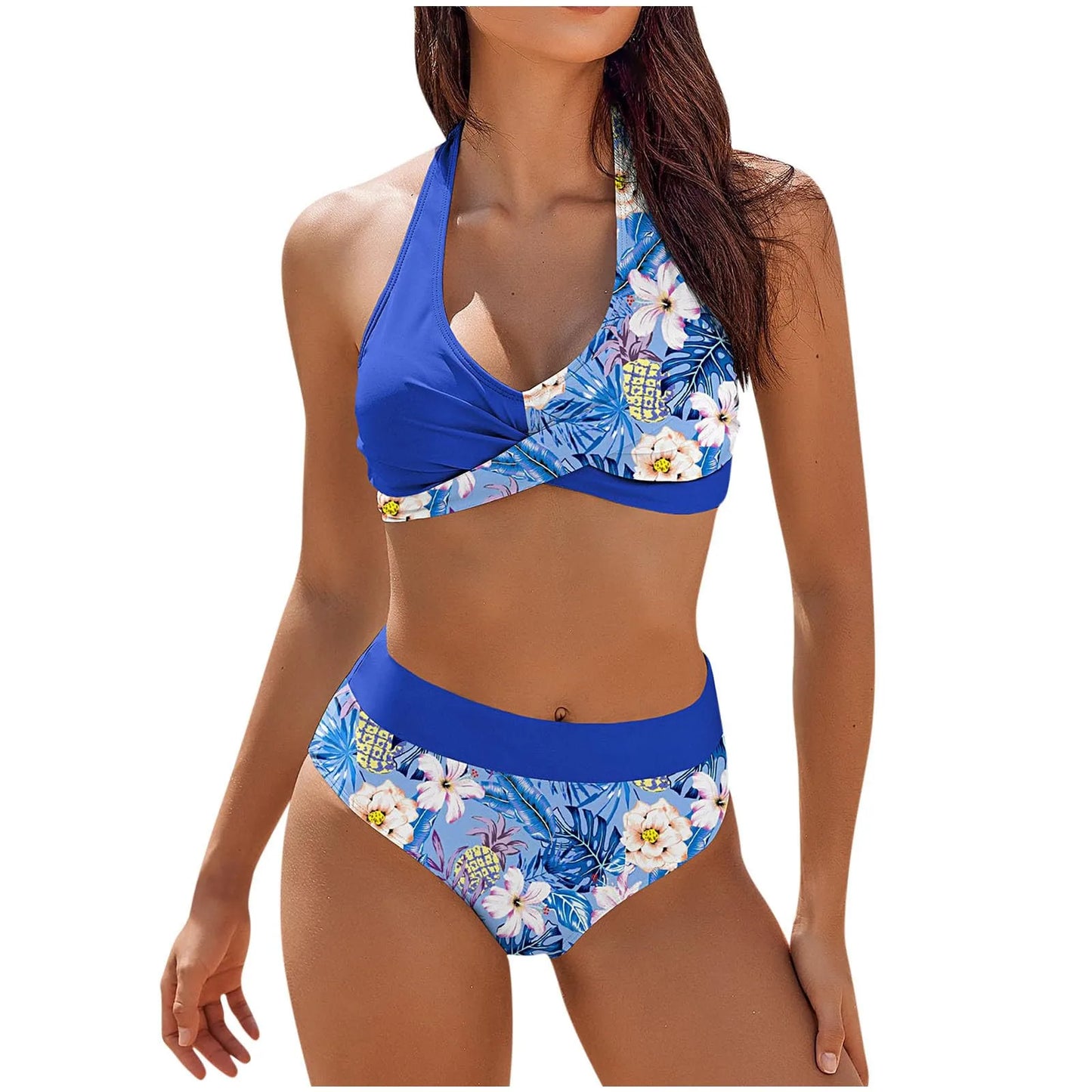 Bikini Beach Colour Block Floral Printed Women's High Waist Two-Piece Swimsuit