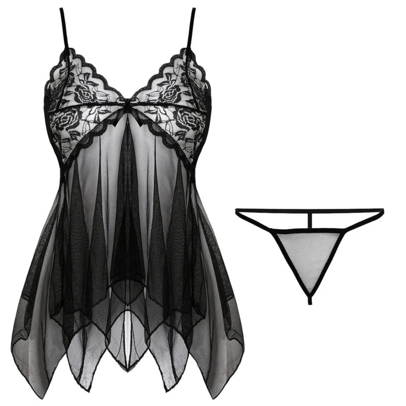 Sexy Lace Babydoll Lingerie for Women – Open Crotch Sleepwear Dress with Bra & Panty Set