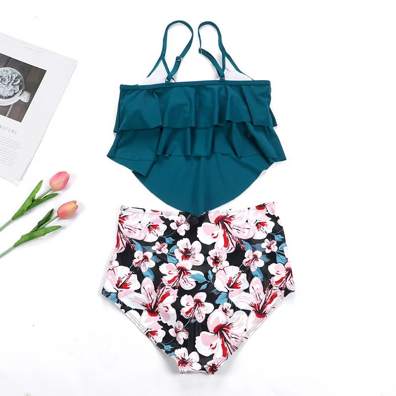 Swimwear Ruffles Women’s Two-Piece Set – High Waist Bikini with Printed Beachwear & Push-Up Tankini