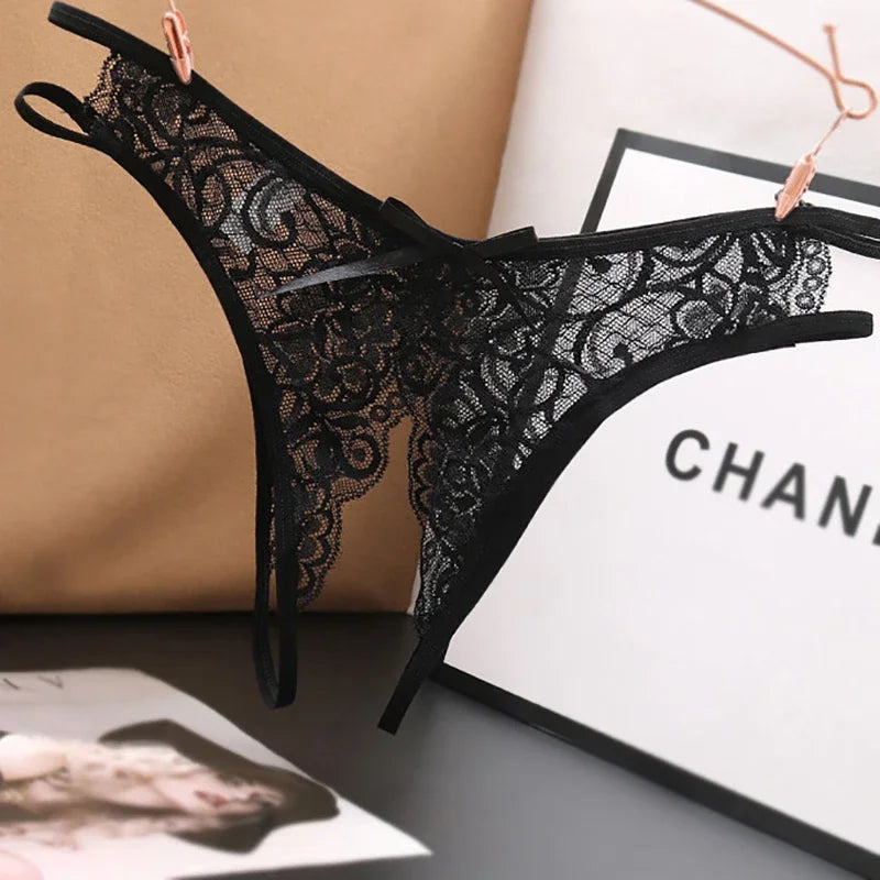 Women's Lace G-String Thongs with Transparent Crotch Opening