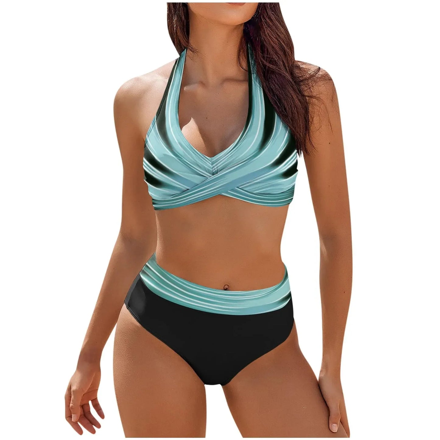 Bikini Beach Colour Block Floral Printed Women's High Waist Two-Piece Swimsuit