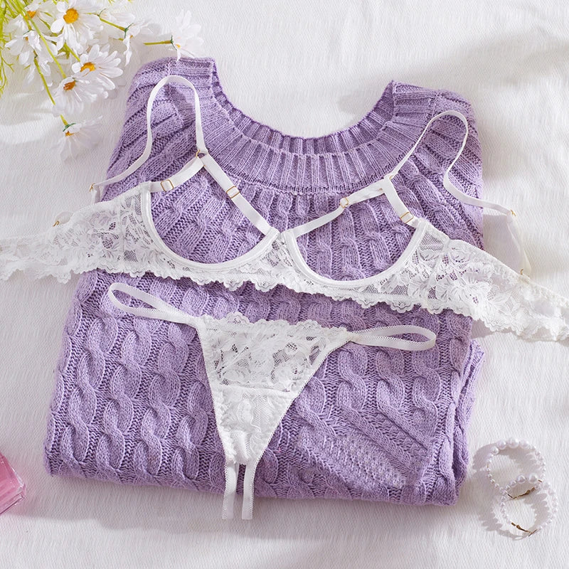 Sexy Lace Lingerie Set for Women – See-Through Bra and Panty in Solid Color Mesh