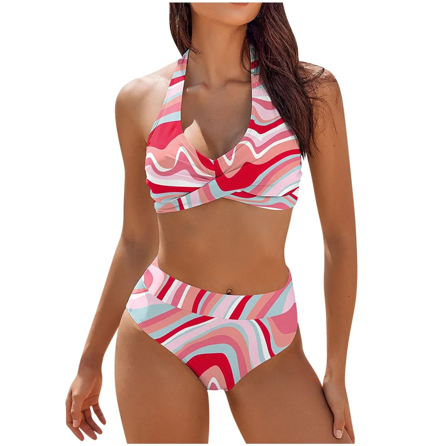 Bikini Beach Colour Block Floral Printed Women's High Waist Two-Piece Swimsuit