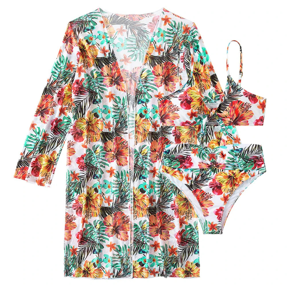 High Waisted Bikini 3 Pieces Floral Printed Swimsuit for Women