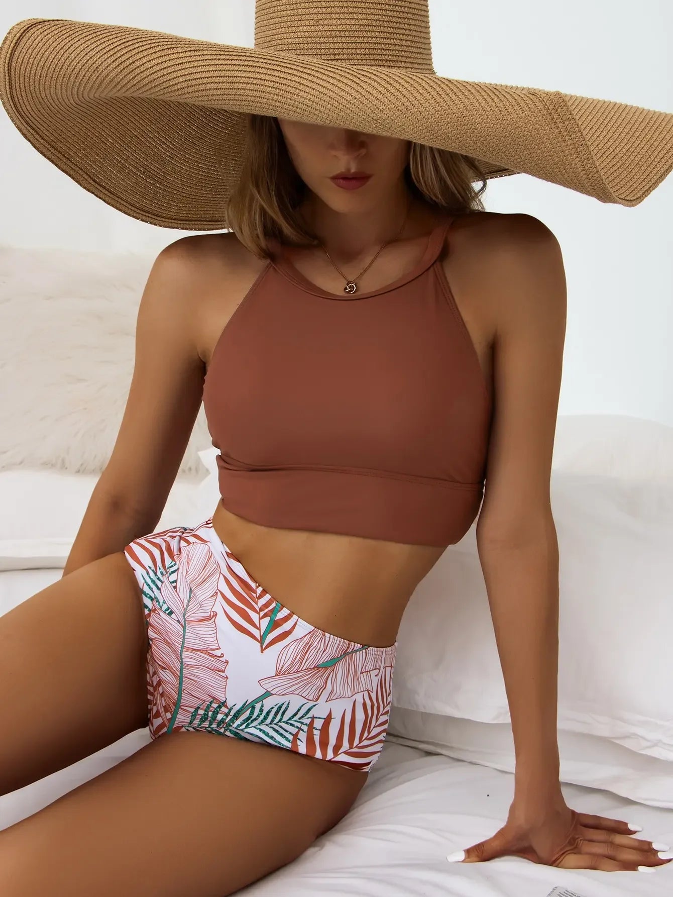 High Waist Bikini Set for Women – Printed, Padded & Wire-Free Swimwear with Halter Top and Garters