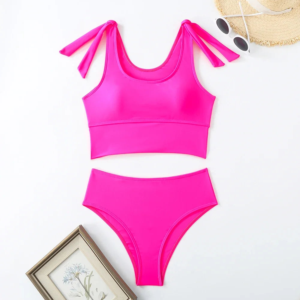 Women's Two Piece High Waist Bikini Set – Knotted Solid Color Swimwear
