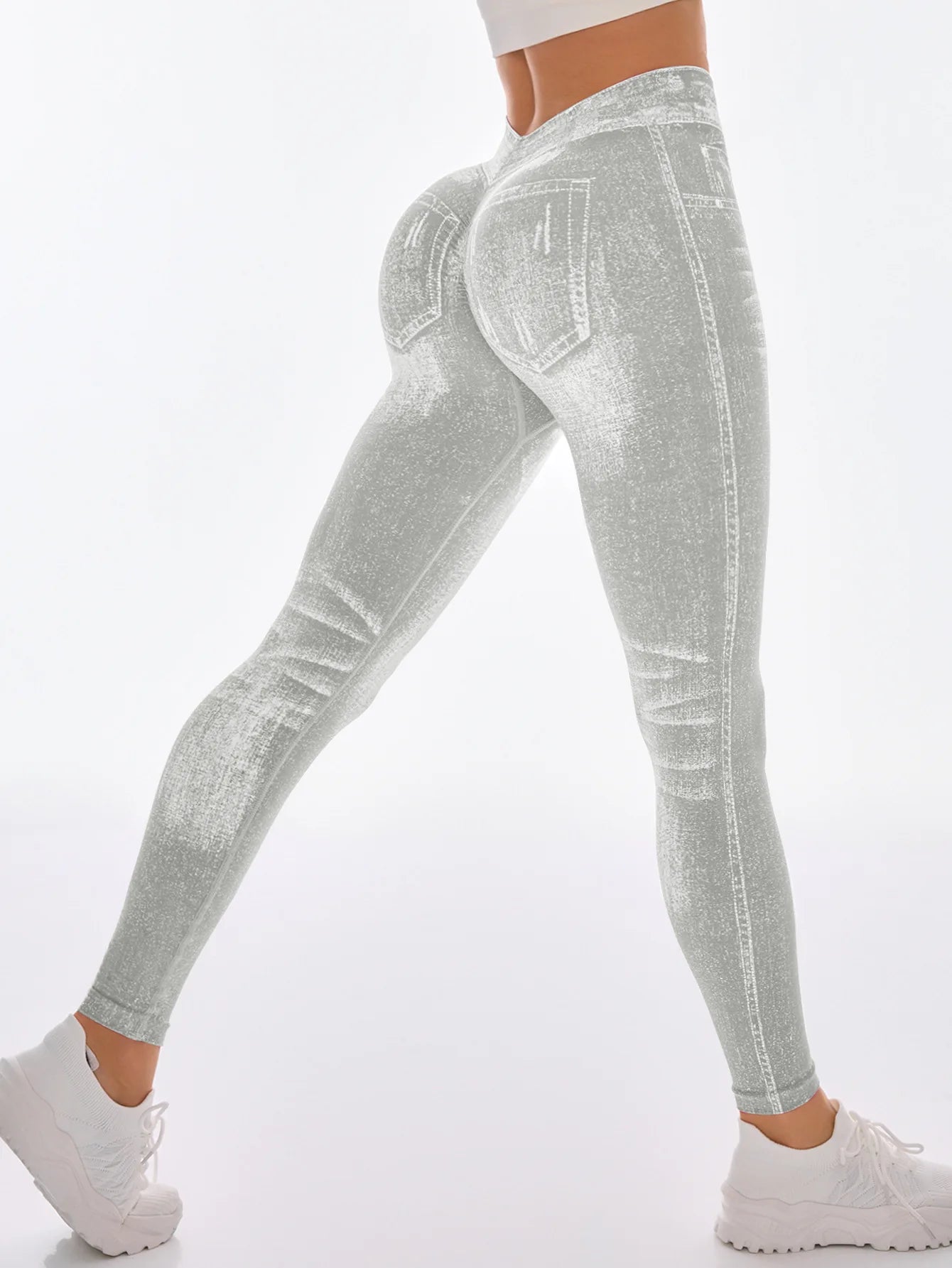 Women V Back Butt Lifting Leggings with Faux Denim Style and Tummy Control Seamless Workout Pants