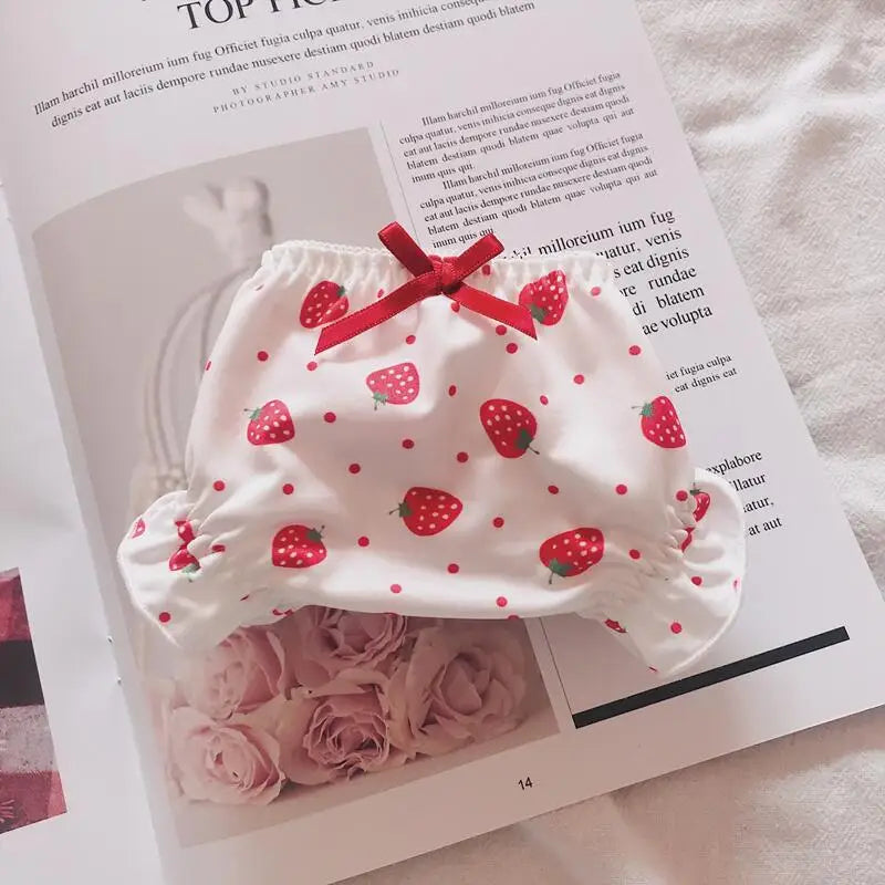 Cute Strawberry Milk Silk Panties – Low-Rise Bowknot Briefs for Women
