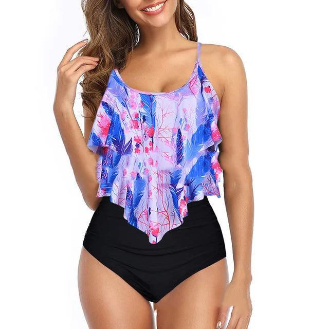 Swimwear Ruffles Women’s Two-Piece Set – High Waist Bikini with Printed Beachwear & Push-Up Tankini