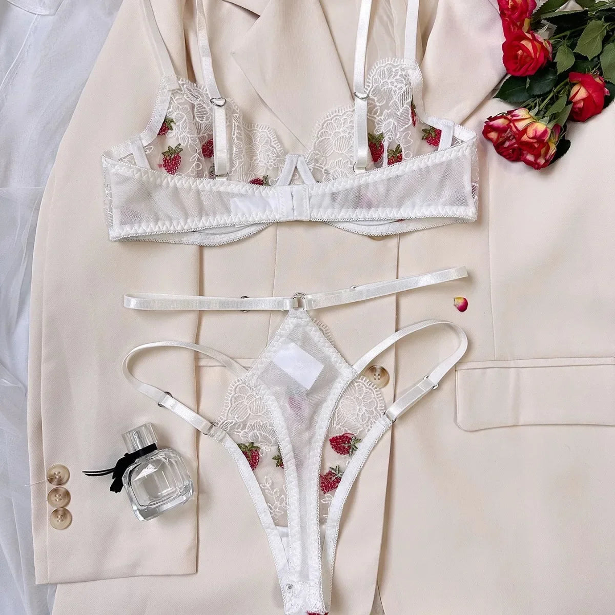 Strawberry Embroidered Lingerie Set – Sheer Underwire Bra & Panty