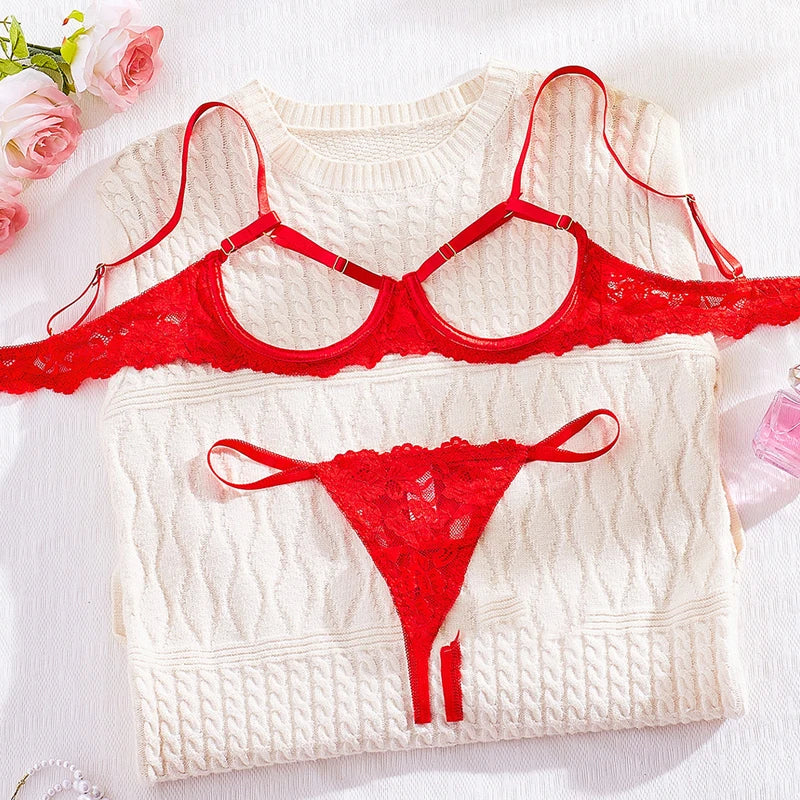 Sexy Lace Lingerie Set for Women – See-Through Bra and Panty in Solid Color Mesh