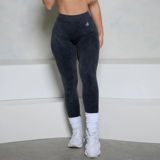 Low V-Back TikTok Viral Scrunch Butt Leggings with Acid Wash Denim Blue