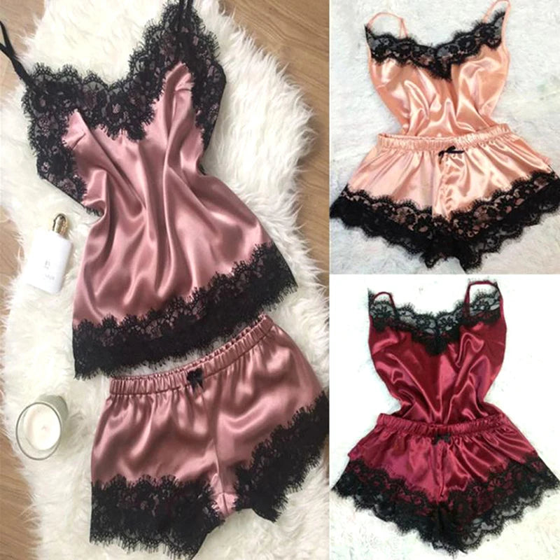 Fashion Nightwear Lace Trim Satin Cami Top Pajama Set
