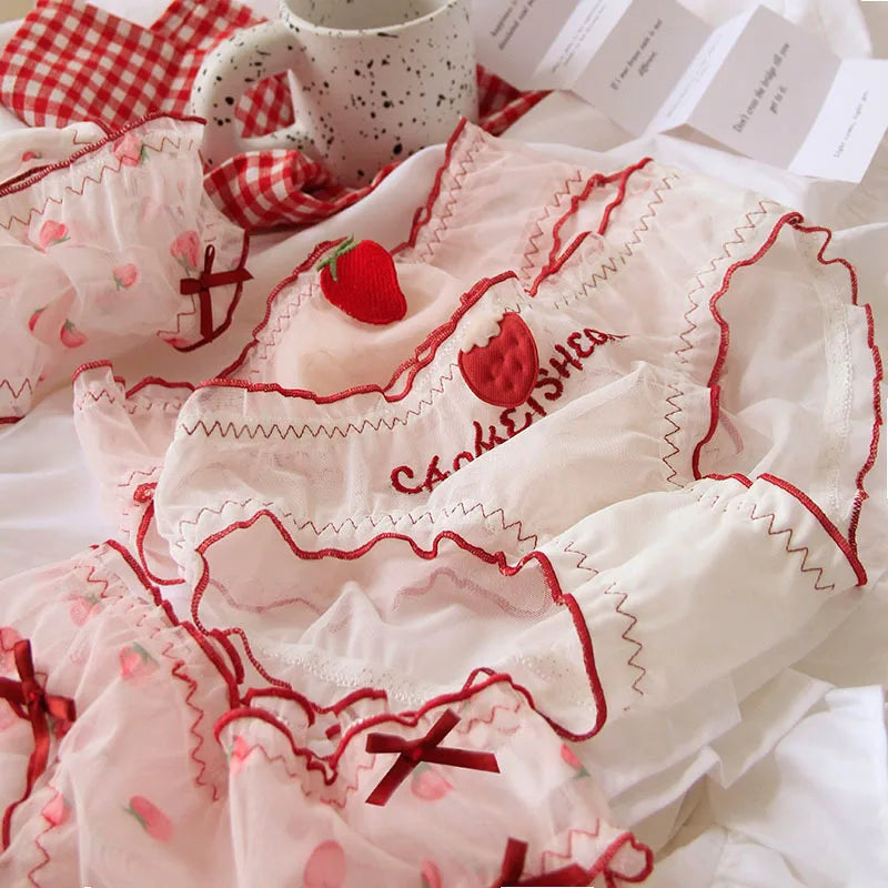 Red Strawberry Mesh Panties – Sexy Low-Rise Lace & Ruffle Briefs