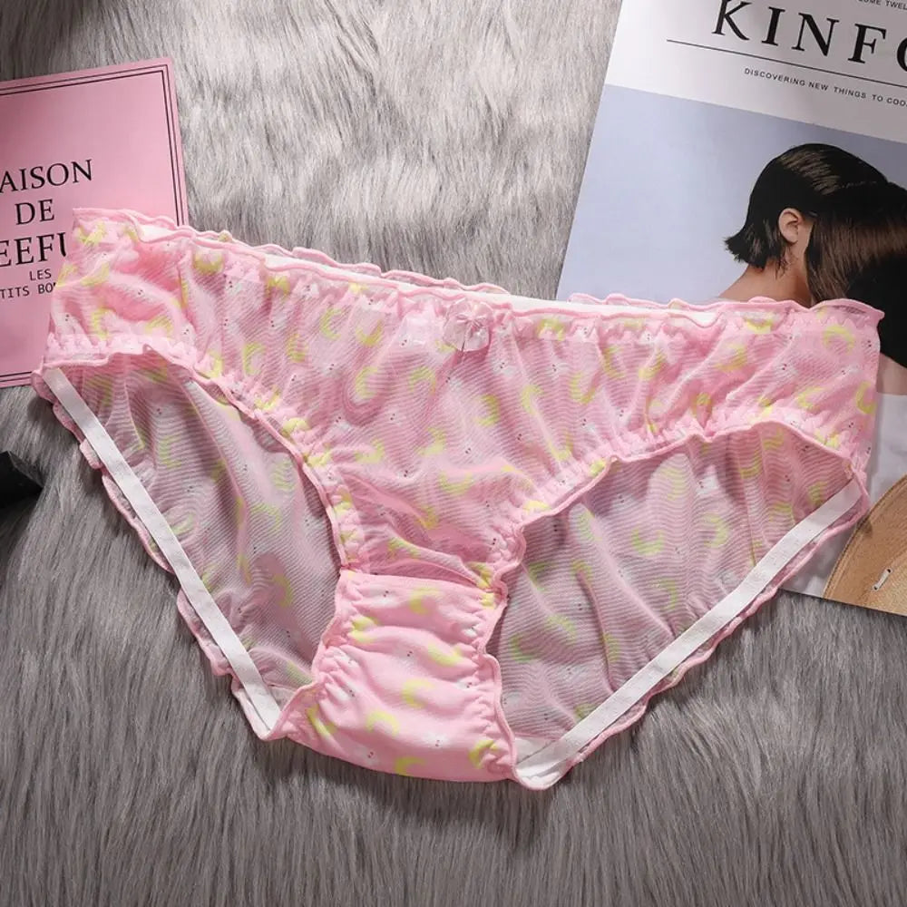 Strawberry Mesh Ruffle Panties – Low-Rise Cotton & Nylon Briefs