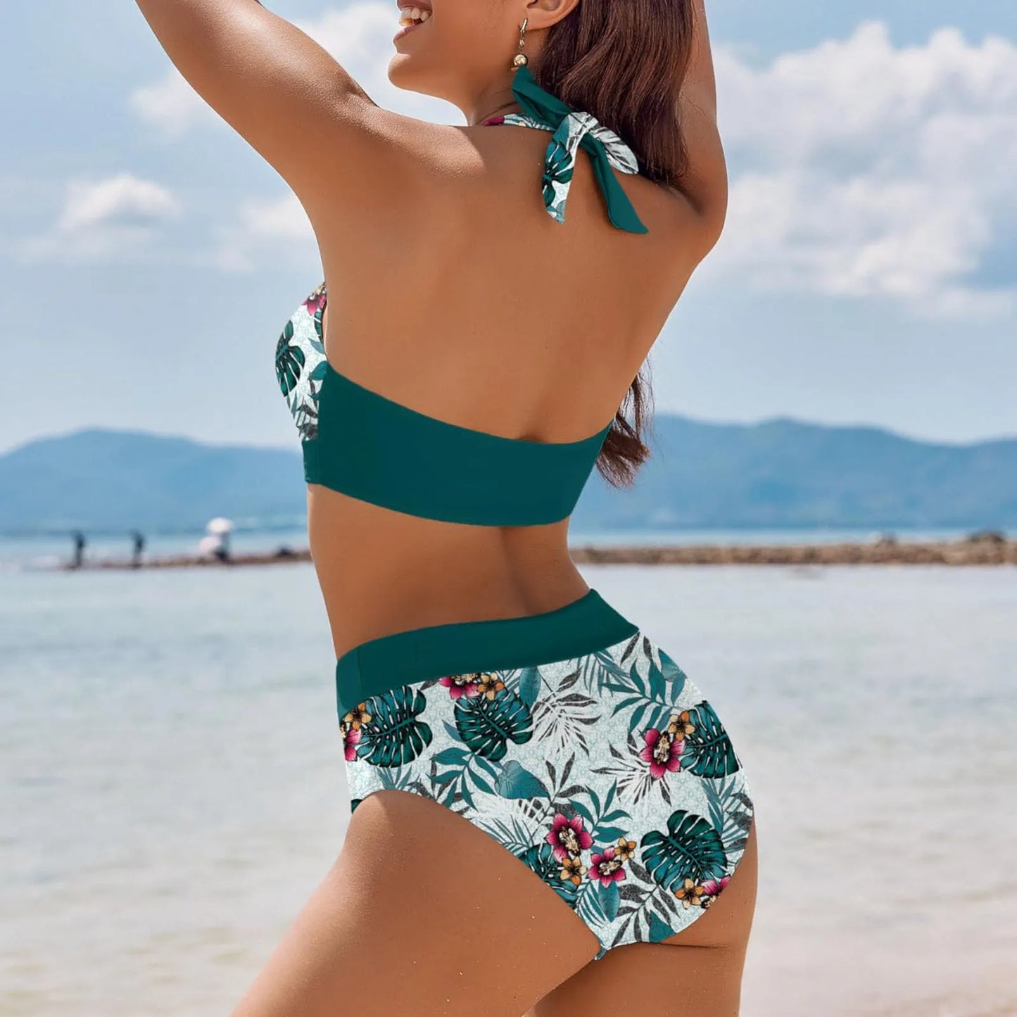 Bikini Beach Colour Block Floral Printed Women's High Waist Two-Piece Swimsuit