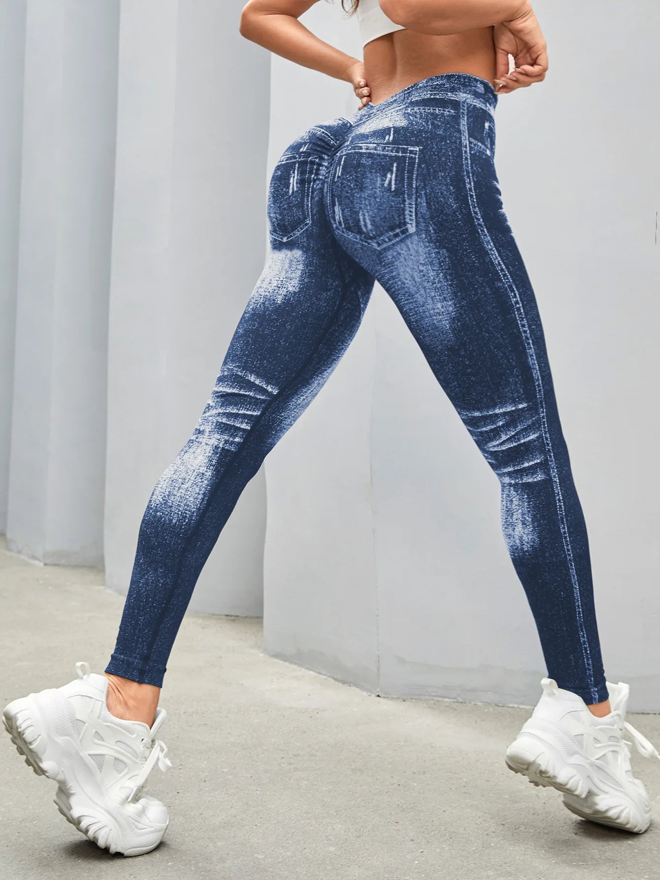 Women V Back Butt Lifting Leggings with Faux Denim Style and Tummy Control Seamless Workout Pants