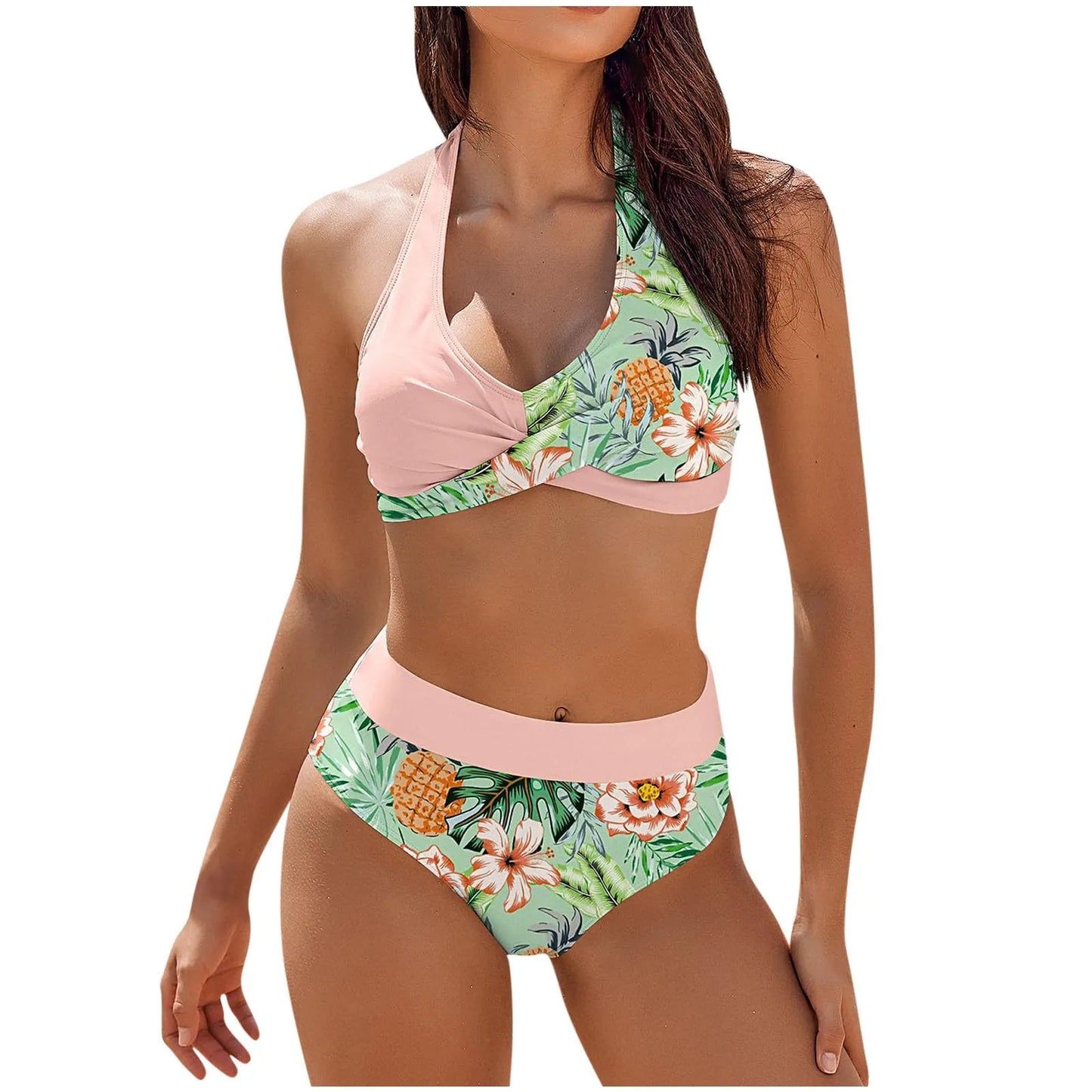 Bikini Beach Colour Block Floral Printed Women's High Waist Two-Piece Swimsuit