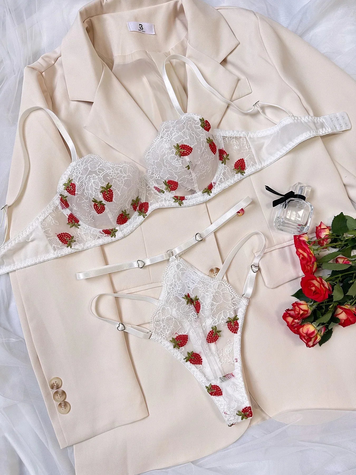 Strawberry Embroidered Lingerie Set – Sheer Underwire Bra & Panty