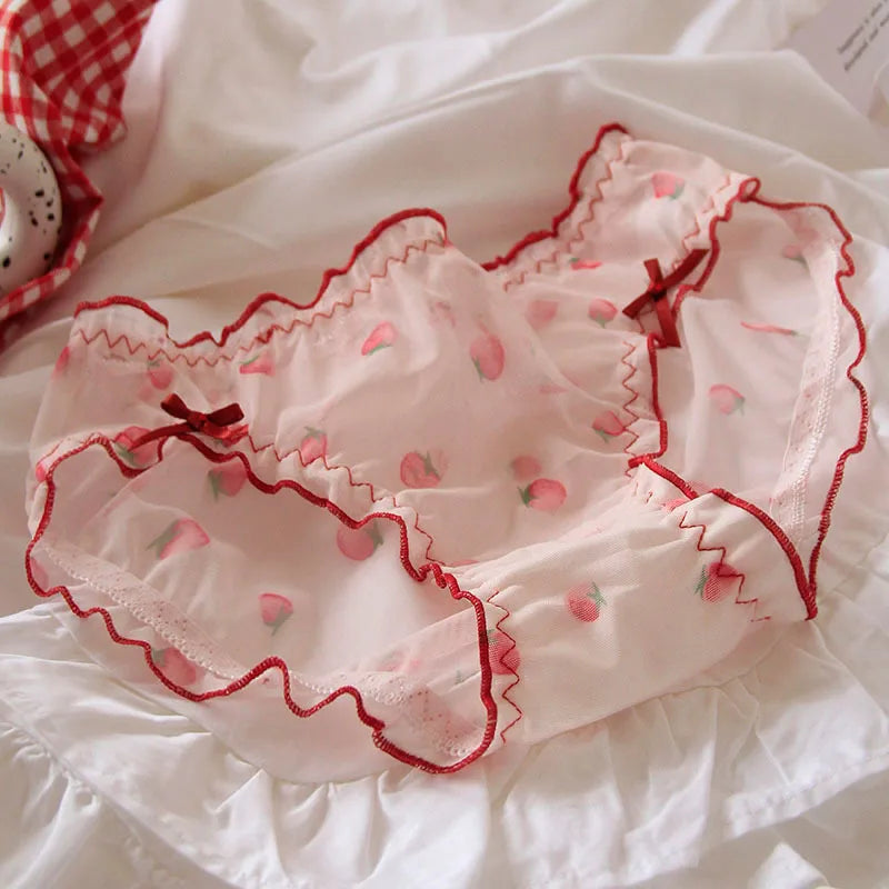 Red Strawberry Mesh Panties – Sexy Low-Rise Lace & Ruffle Briefs