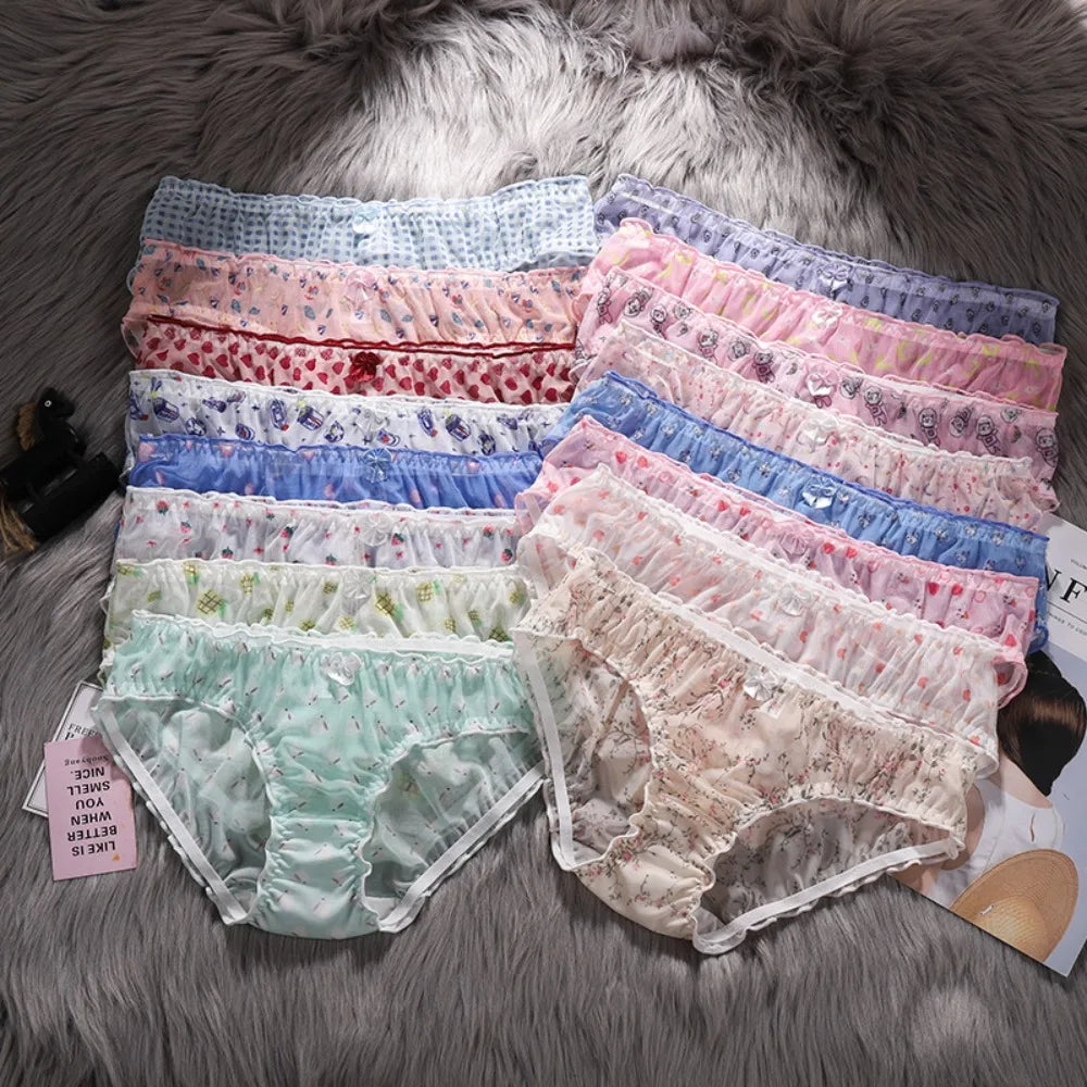 Strawberry Mesh Ruffle Panties – Low-Rise Cotton & Nylon Briefs