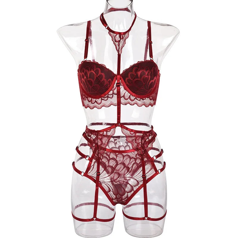 Halter Lingerie Set with Garters - Alluring Lace & Leg Loop Detail