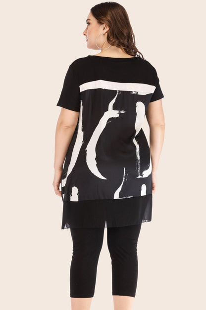 Plus Size Contrast Spliced Mesh T-Shirt & Cropped Leggings Set