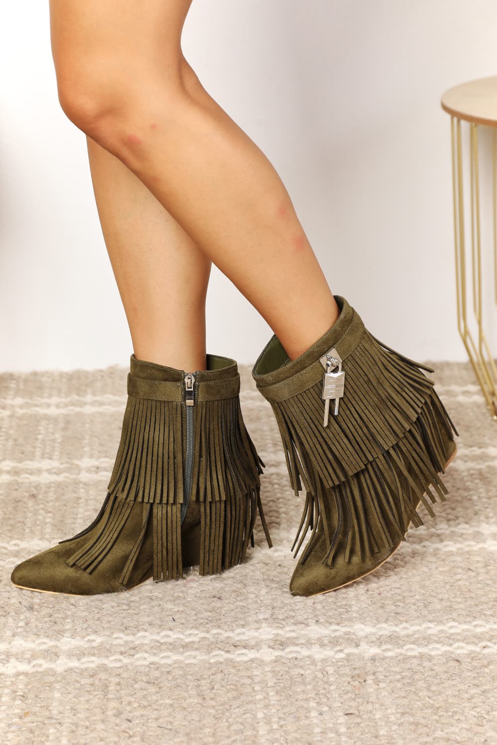 Legend Women's Tassel Wedge Heel Ankle Booties Olive - BossDeals Online