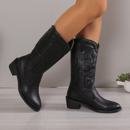 PU Leather Point Toe Block Heel Boots - BossDeals Online