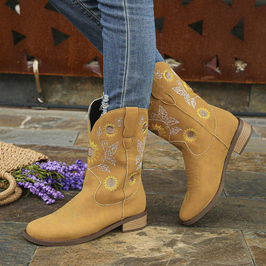 Sunflower Embroidered Block Heel Boots - BossDeals Online