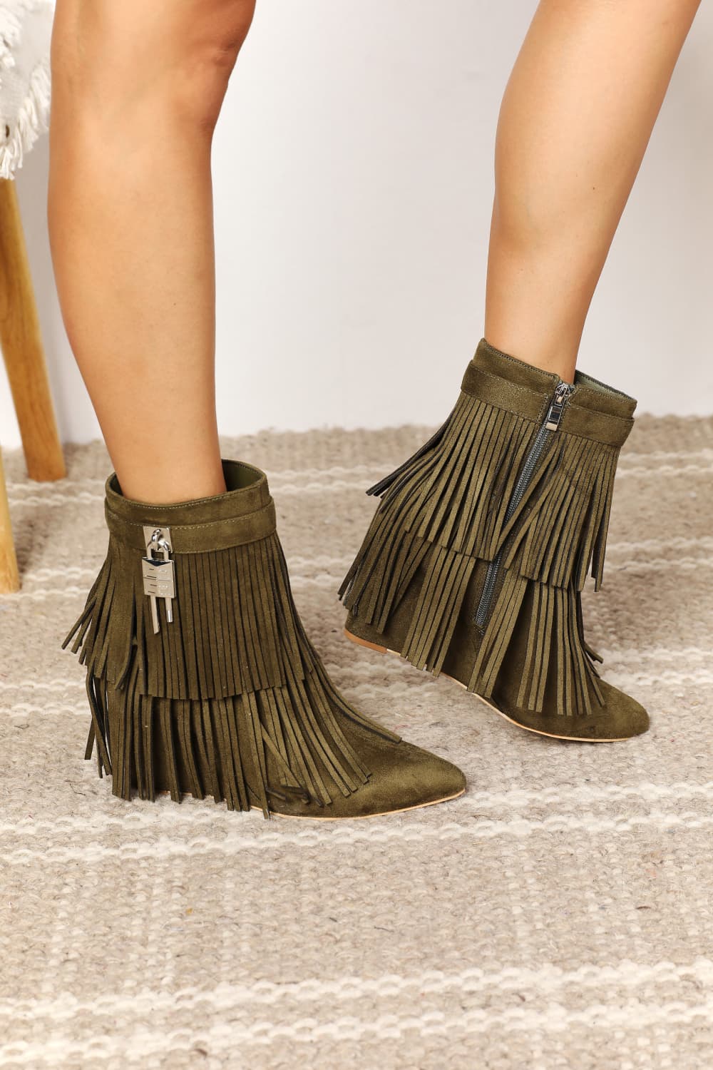 Legend Women's Tassel Wedge Heel Ankle Booties Olive - BossDeals Online