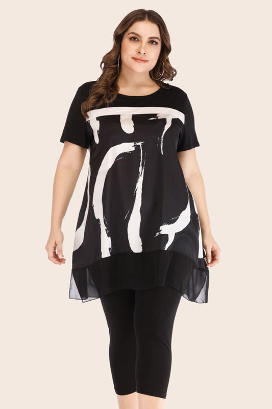 Plus Size Contrast Spliced Mesh T-Shirt & Cropped Leggings Set