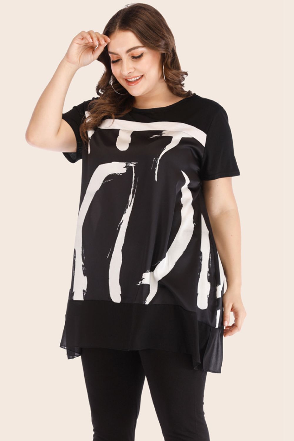 Plus Size Contrast Spliced Mesh T-Shirt & Cropped Leggings Set