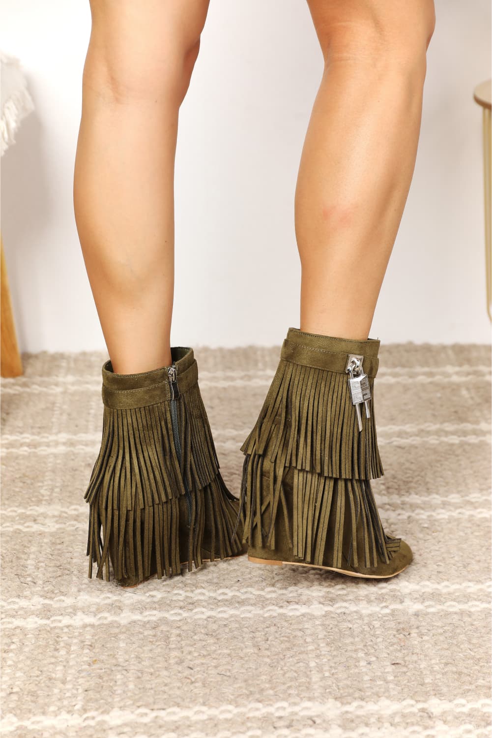 Legend Women's Tassel Wedge Heel Ankle Booties Olive - BossDeals Online