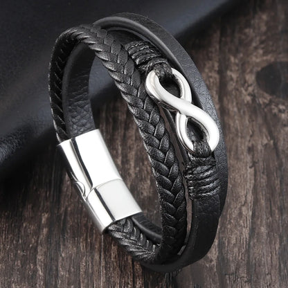 A black leather infinity bracelet featuring a sleek silver clasp, symbolizing eternal connection and style.