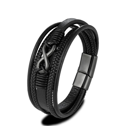 A sleek black leather bracelet featuring a stylish black metal clasp, perfect for adding a touch of elegance to any outfit.