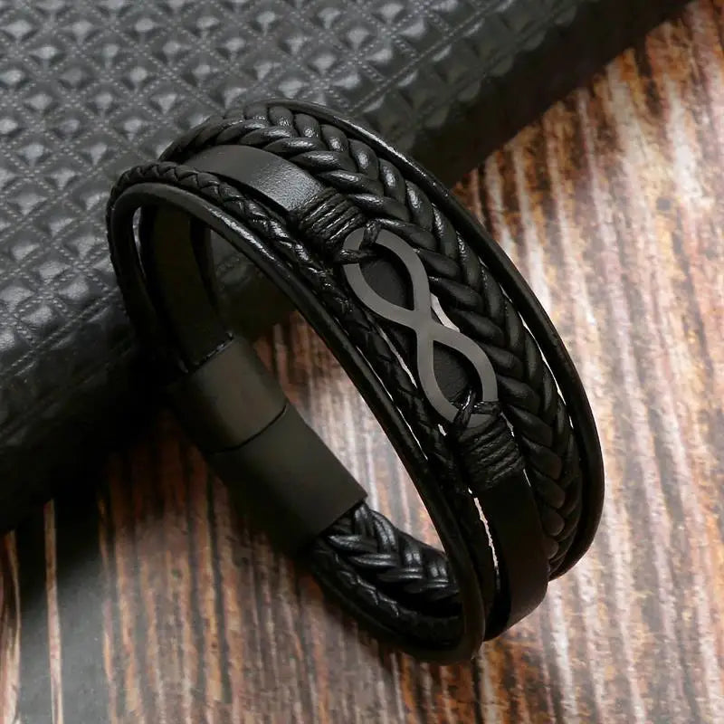 Men's leather bracelet featuring an elegant infinity symbol, symbolizing endless love and connection.