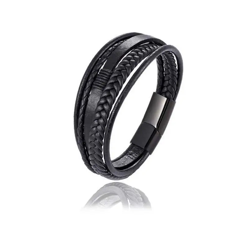 A black leather bracelet featuring an intricate braid design, showcasing elegance and craftsmanship in a stylish accessory.