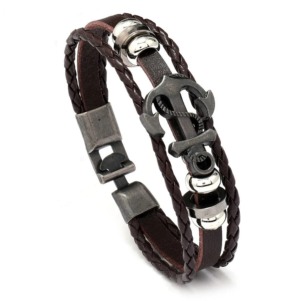 A stylish leather bracelet featuring a metal anchor design and a sleek silver clasp for a nautical touch.