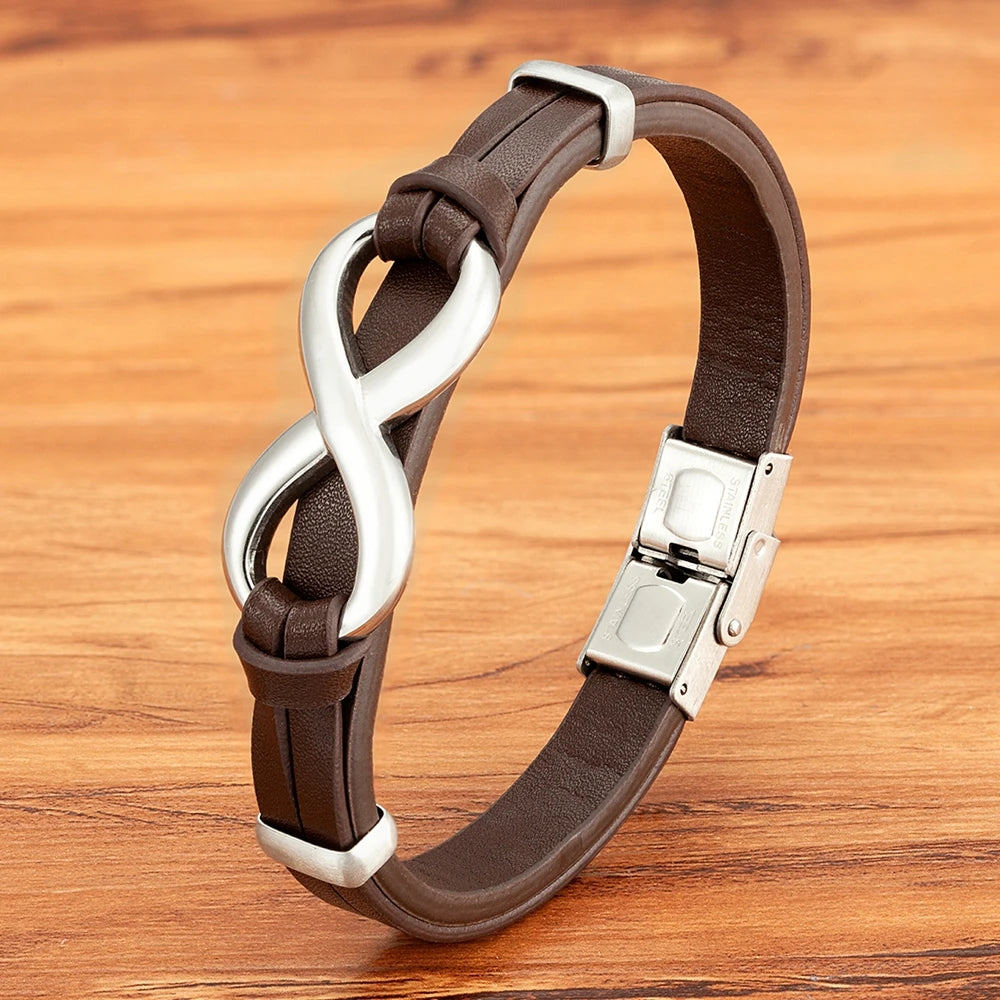 A brown leather bracelet featuring an elegant infinity symbol, symbolizing eternity and unending love.