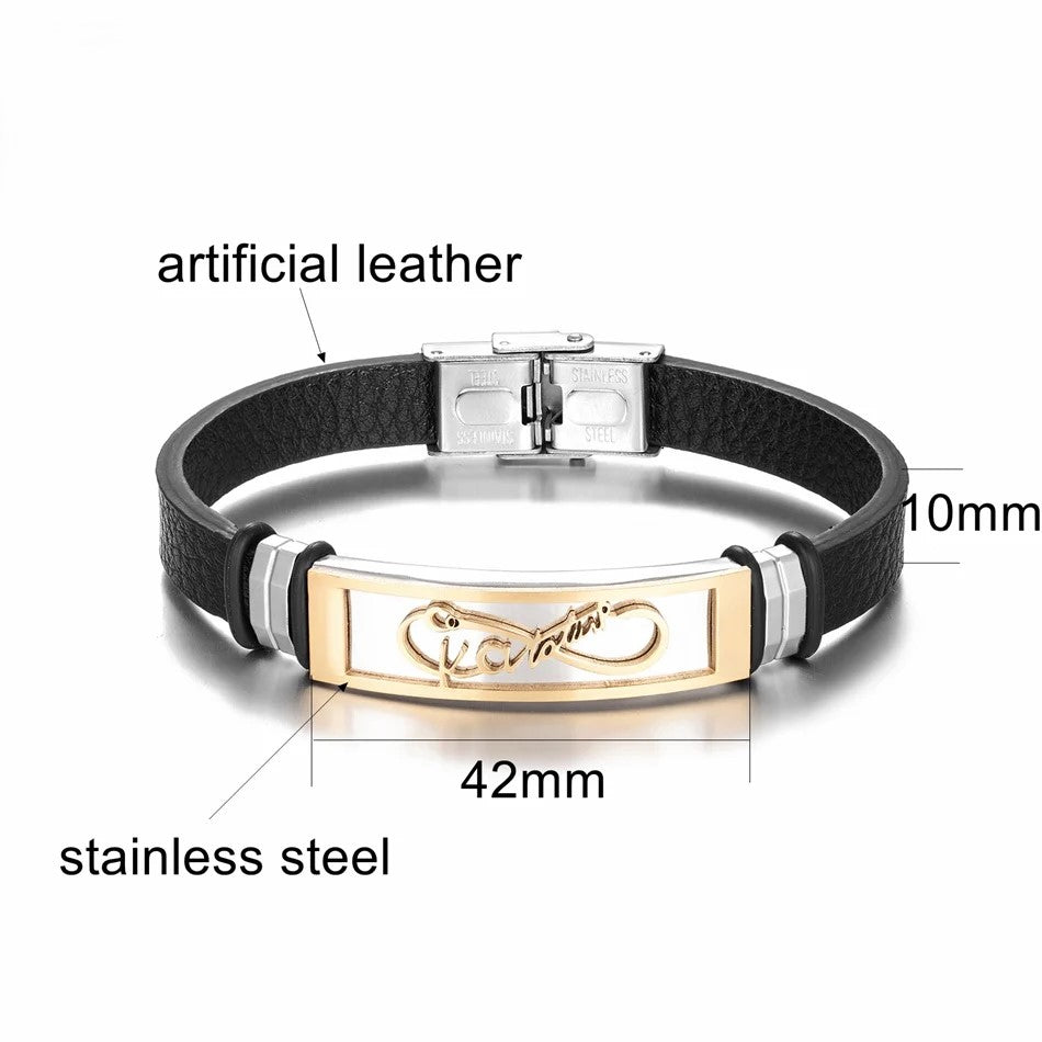 A gold and black leather infinity bracelet featuring a durable stainless steel clasp, showcasing elegance and style.
