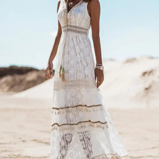 Sleeveless Maxi Dress with Lace Trim and V-Neck