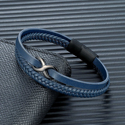 A stylish leather bracelet with a braided pattern, highlighted by an intricate Infinity Knot for a unique touch