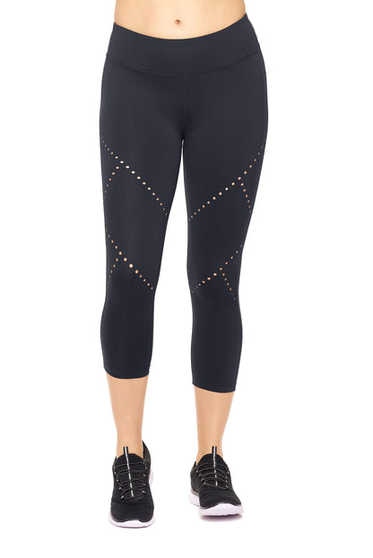 Women's Mid-Rise Diamond Laser Cut Capri Leggings for Workout and Yoga