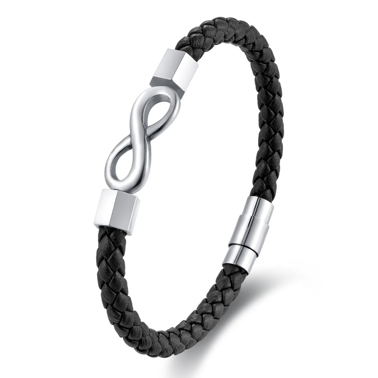 A black leather infinity bracelet elegantly crafted, symbolizing endless love and connection.